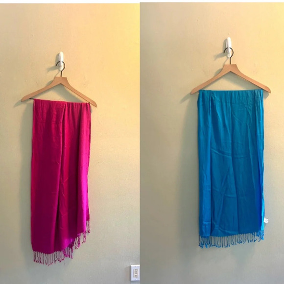 Macy’s Fringe Scarf Bundle Magenta Blue Two Scarves Solid Colorful Bright - Picture 1 of 3